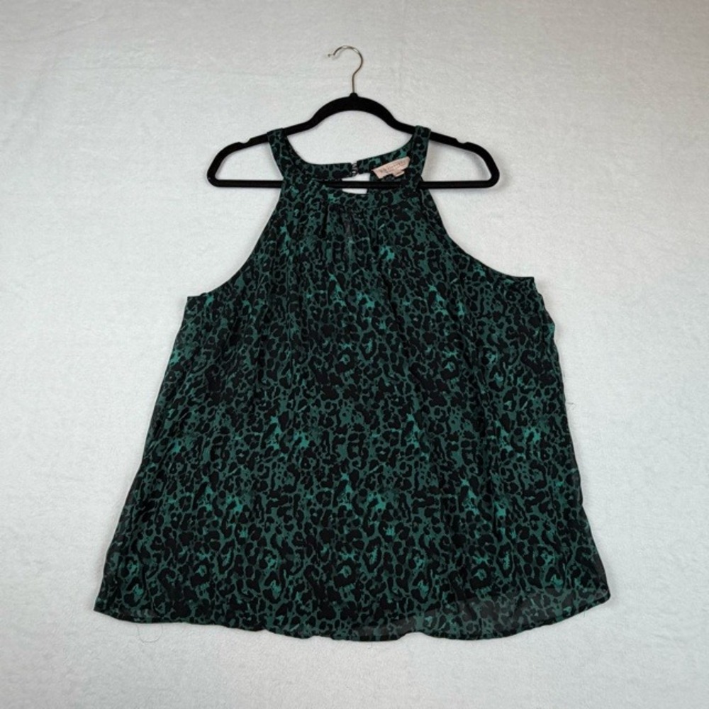 Philosophy Halter Top Women 1X Teal Black Leopard Print Sleeveless Keyhole